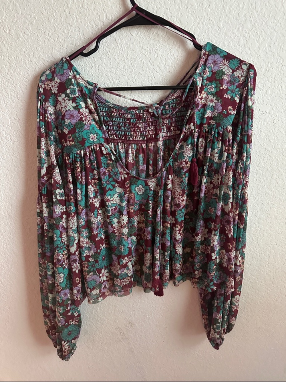 Free People Burgundy Floral Peasant Blouse with Teal Accents